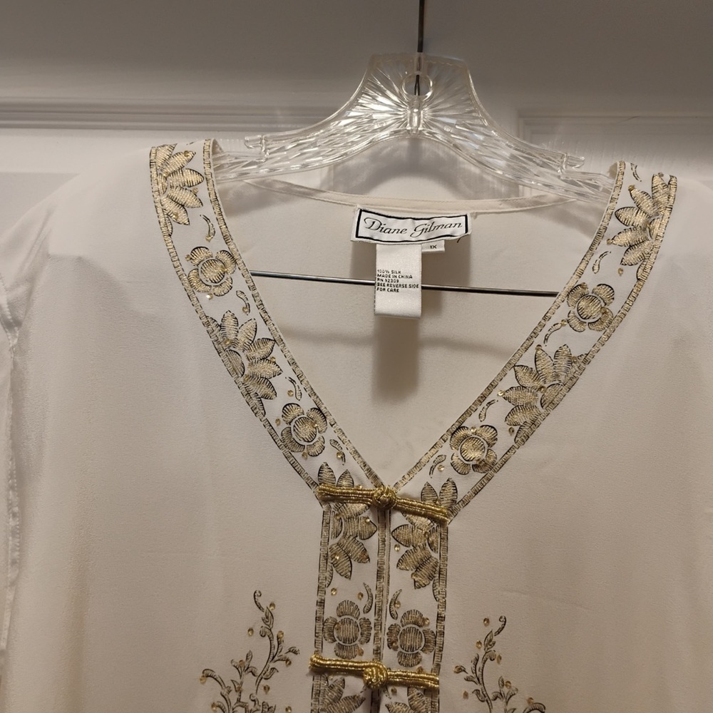NWT Diane Gilman 100% Silk Oriental Tunic Blouse Gold Metallic Details Size 1X - Picture 3 of 8